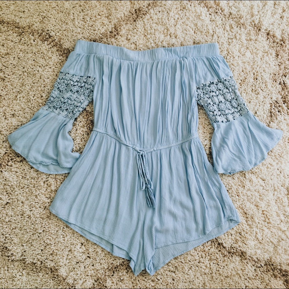 Blue Off the Shoulder Floral Lace Romper